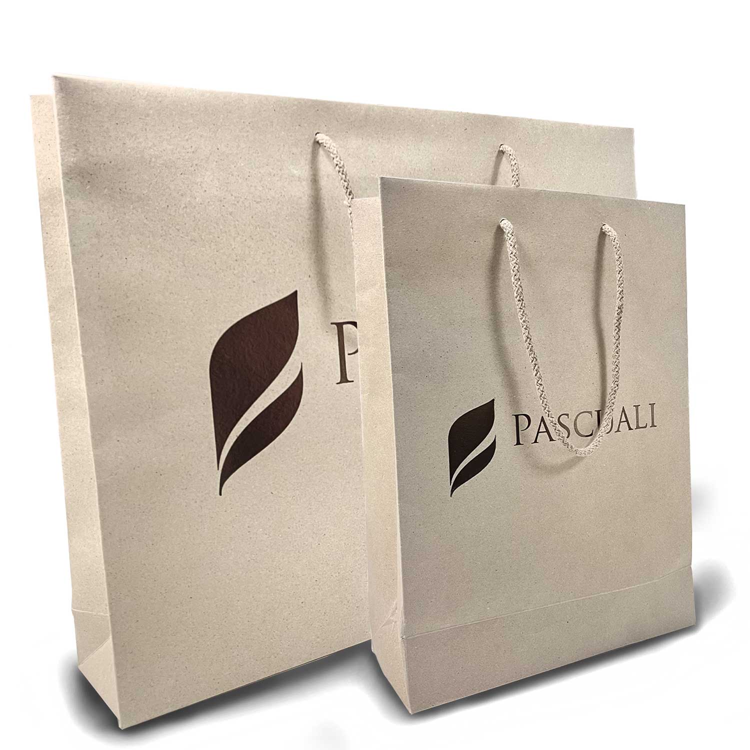 Pascuali Graspapier-Taschen mit bronzefarbenem Logo