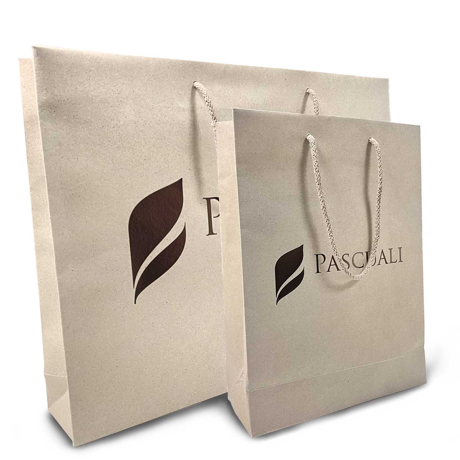Pascuali Graspapier-Taschen mit bronzefarbenem Logo